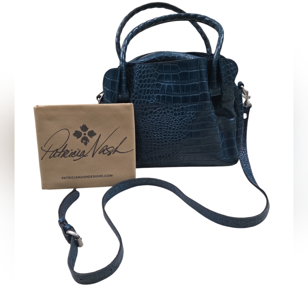 Patricia Nash Navy Croc-Embossed Crossbody Satchel With Dust Bag EUC